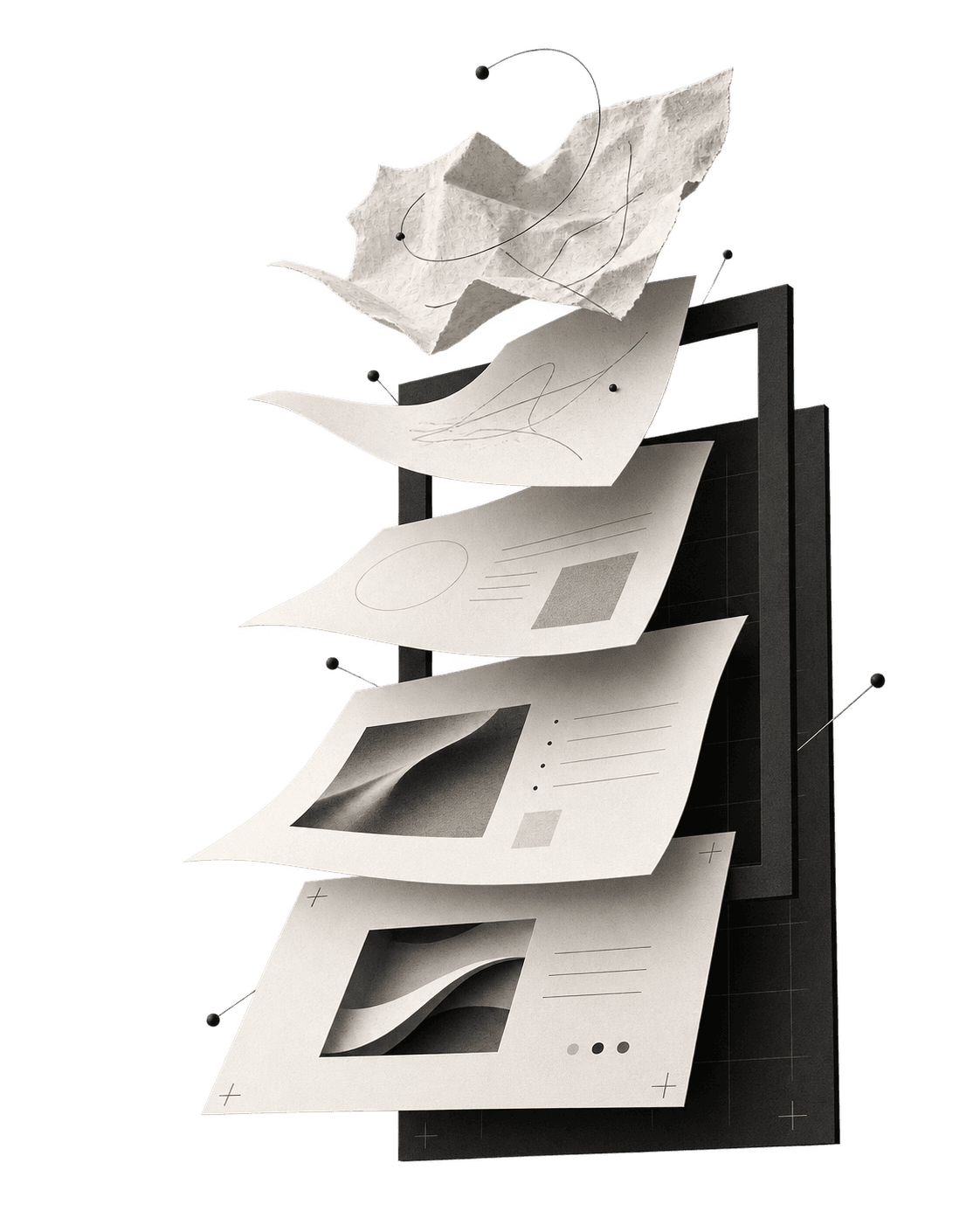 Monochrome Skulptur aus gestaffelten Website-Flächen