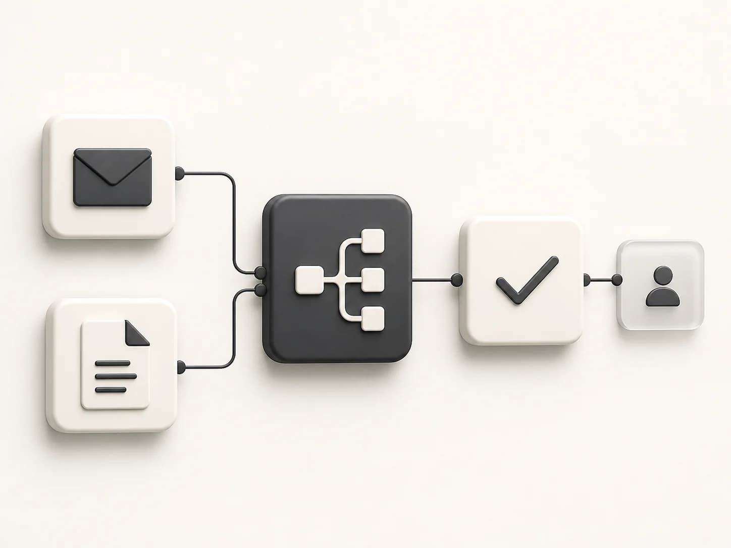 Stilisierte 3D-Illustration: E-Mails und Dokumente fließen durch einen Workflow zur Freigabe und Übergabe