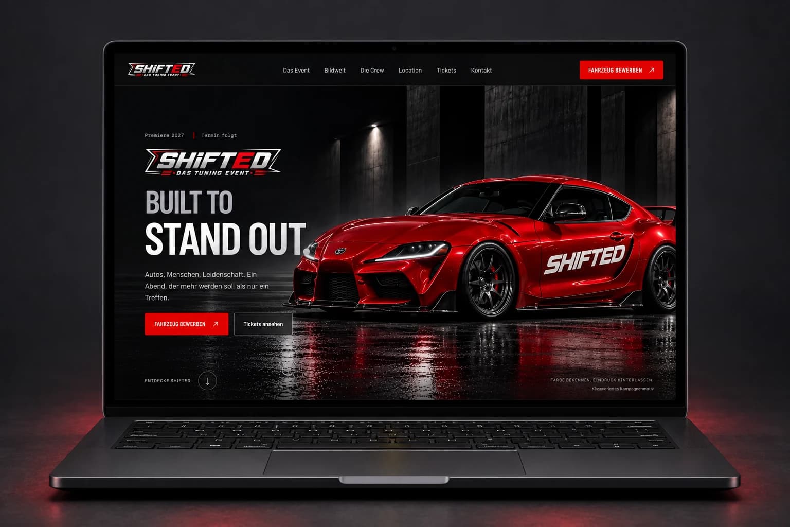 Generiertes Laptop-Mockup mit der schwarz-roten SHIFTED Website