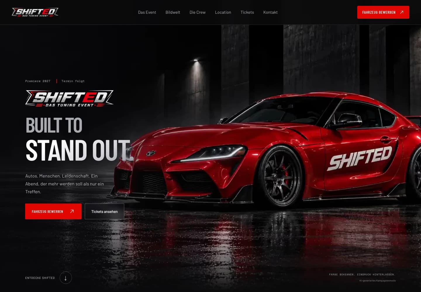Original-Screenshot der SHIFTED Desktop-Website mit Fahrzeugmotiv und Bewerbungs-CTA